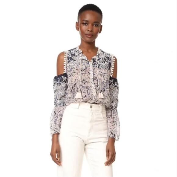 Kobi Halperin Tops - Kobi Halperin Liara Cold Shoulder Boho Pom Pom Blouse White Blue Lilac Small